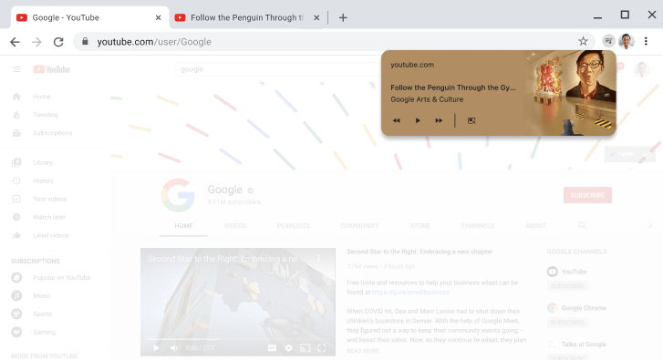 Παράθυρο του προγράμματος περιήγησης Chrome στο οποίο εμφανίζεται το παράθυρο διαλόγου στοιχείων ελέγχου μέσων.