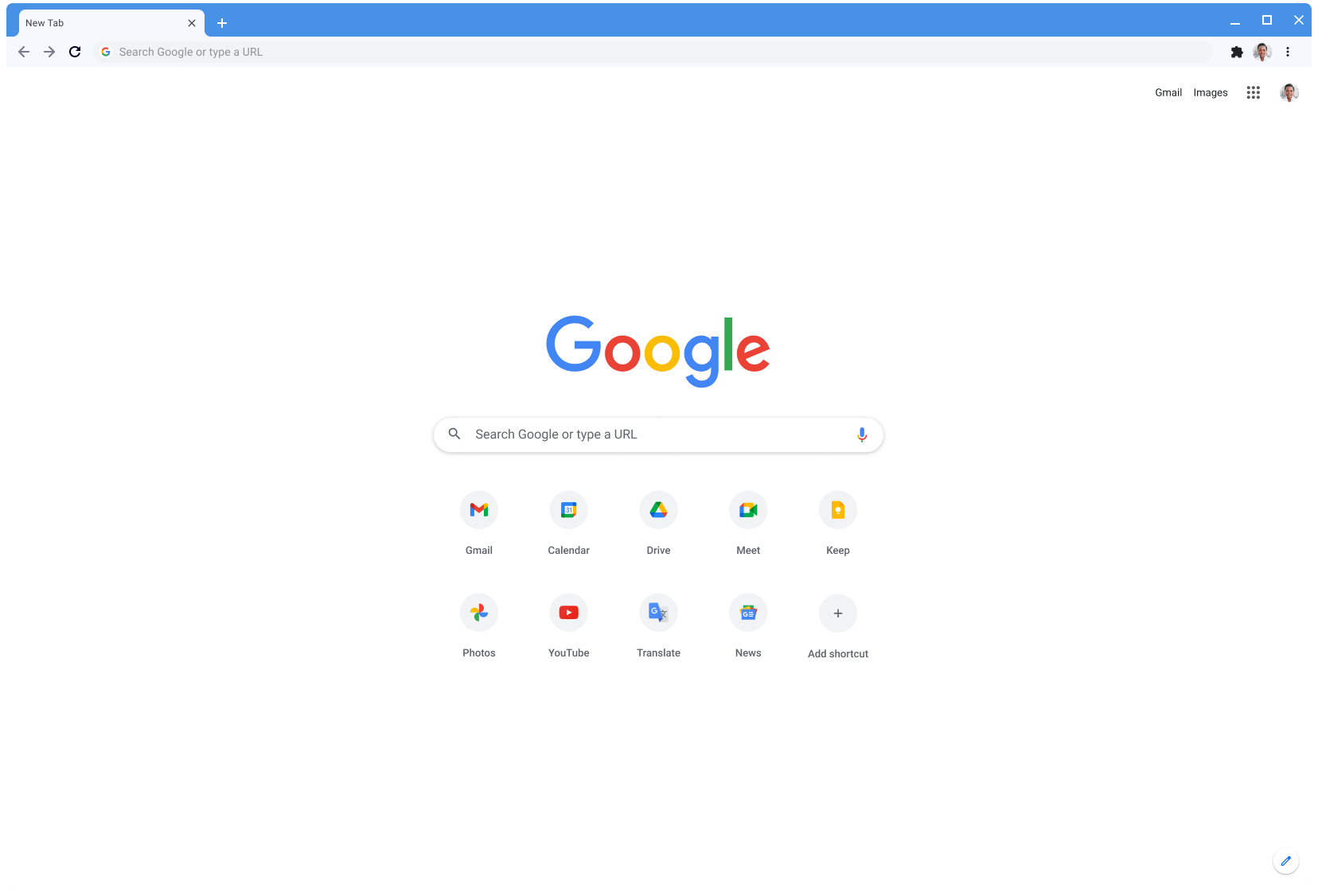 Παράθυρο του προγράμματος περιήγησης Chrome στο οποίο εμφανίζεται ο ιστότοπος Google.com. Χρησιμοποιείται το κλασικό θέμα.