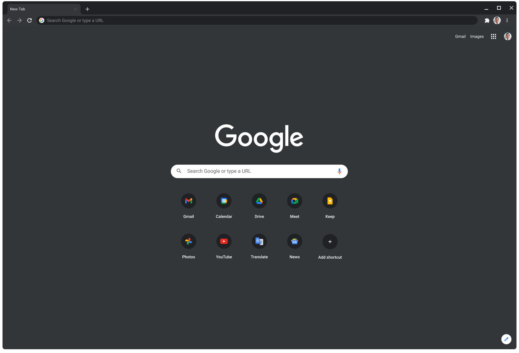 Παράθυρο του προγράμματος περιήγησης Chrome στη Λειτουργία χαμηλού φωτισμού. Στο παράθυρο εμφανίζεται ο ιστότοπος Google.com.