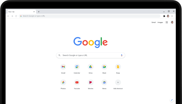 Επάνω αριστερή γωνία στην οθόνη ενός φορητού υπολογιστή Pixelbook Go όπου εμφανίζονται η γραμμή αναζήτησης του Google.com και οι αγαπημένες εφαρμογές.