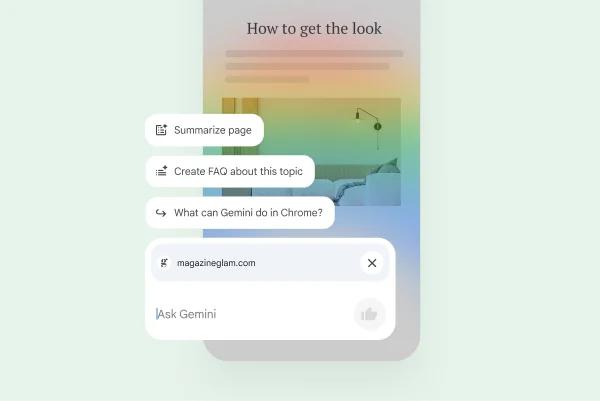 Over a webpage on a mobile phone, controls let the user summarize the page, find related sites, or ask Gemini a question.
