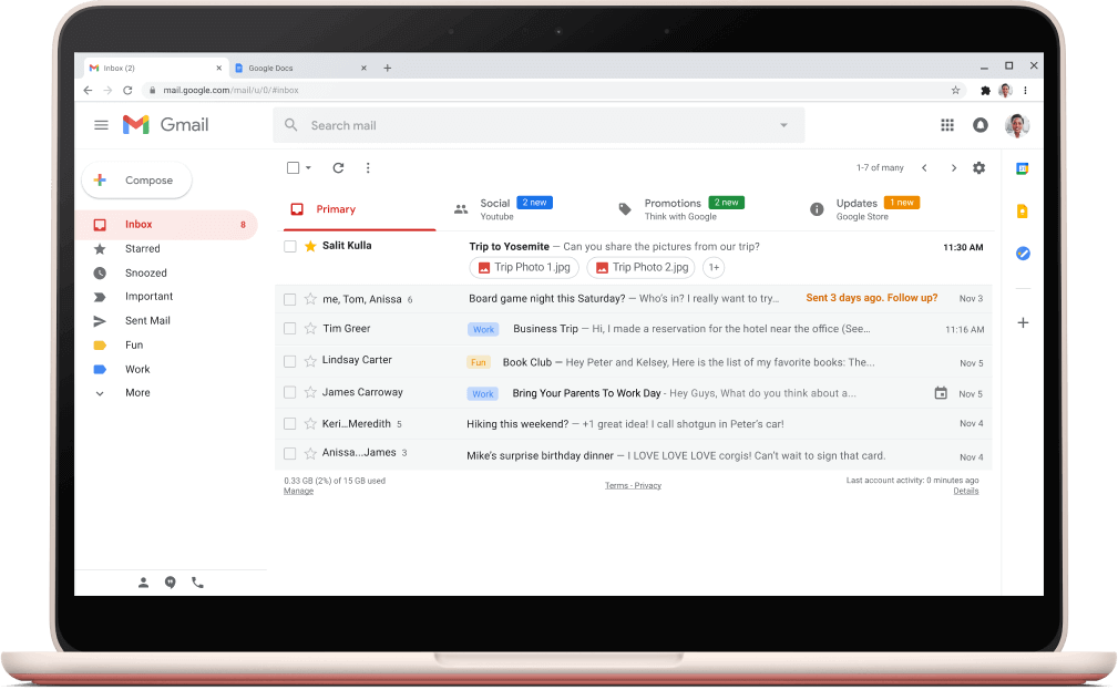 Εικόνα της διεπαφής του Gmail στην οποία εμφανίζεται μια λίστα με μηνύματα ηλεκτρονικού ταχυδρομείου.
