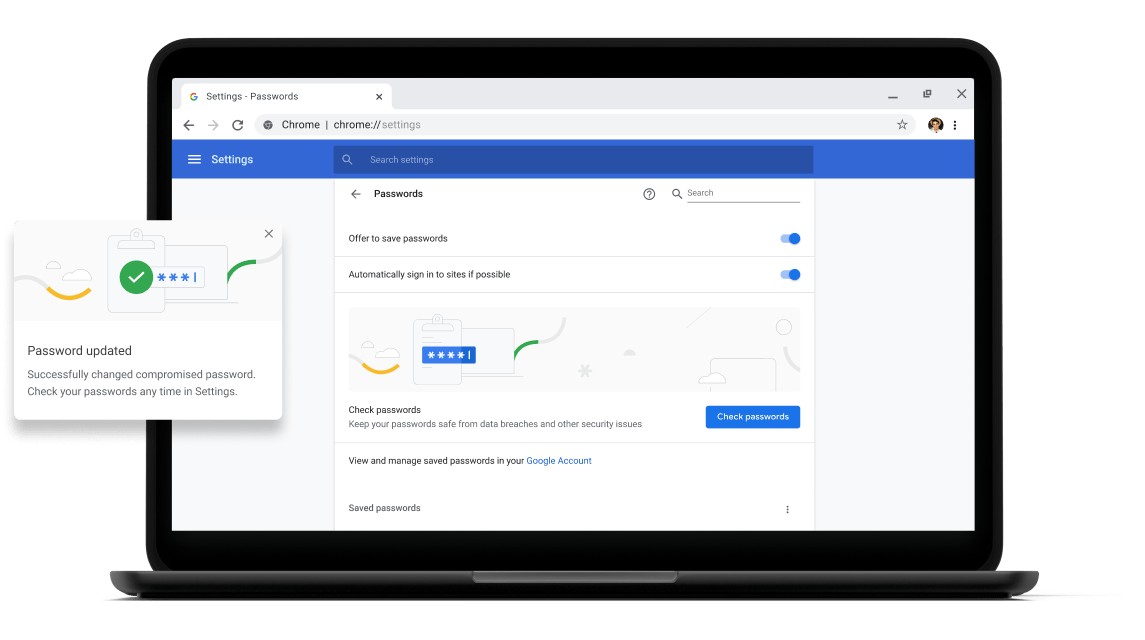 Έλεγχος κωδικών πρόσβασης Pixelbook Go laptop with screen displaying Chrome password check with a passsword update dialog box.