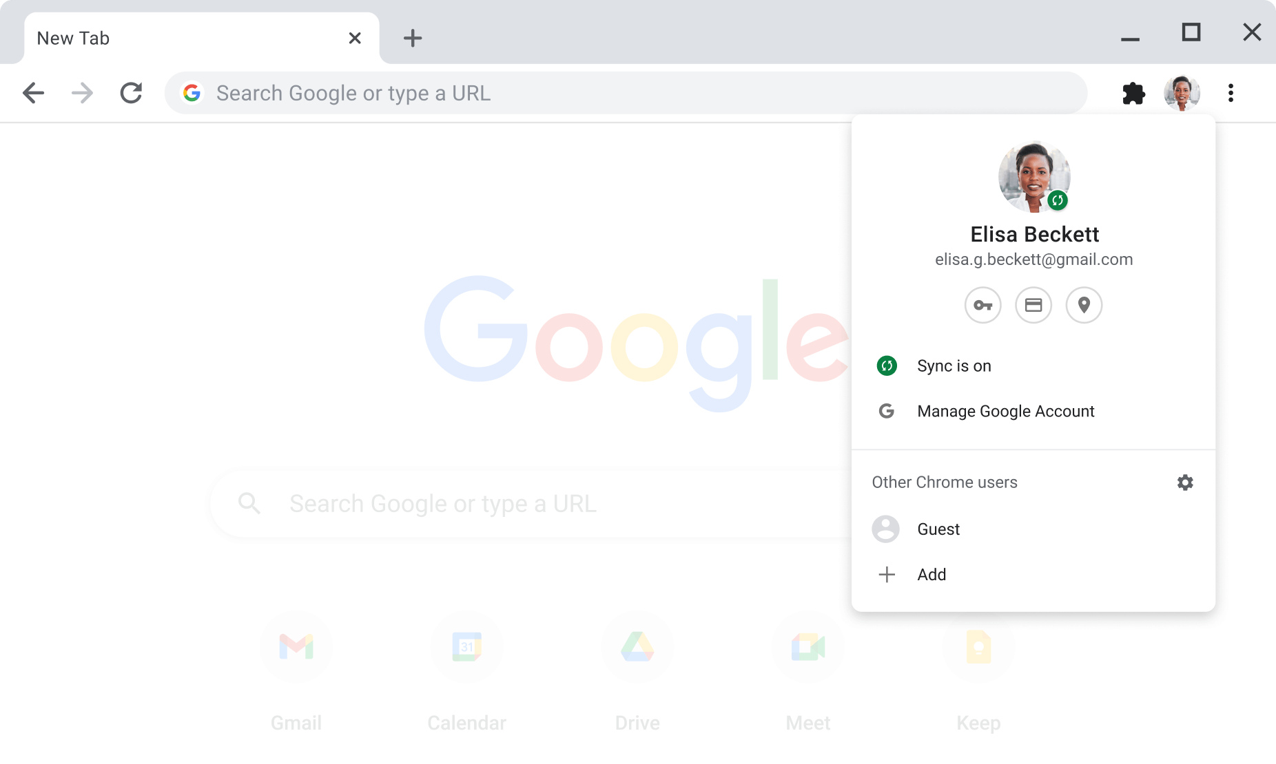 Παράθυρο του προγράμματος περιήγησης Chrome στο οποίο εμφανίζονται οι ρυθμίσεις λογαριασμού και συγχρονισμού για τους Λογαριασμούς Google με ενεργοποιημένο τον συγχρονισμό.
