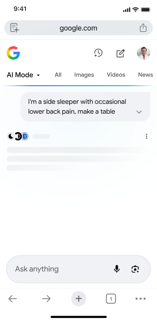From the home screen of the Chrome mobile app, a user opens AI Mode. They tap